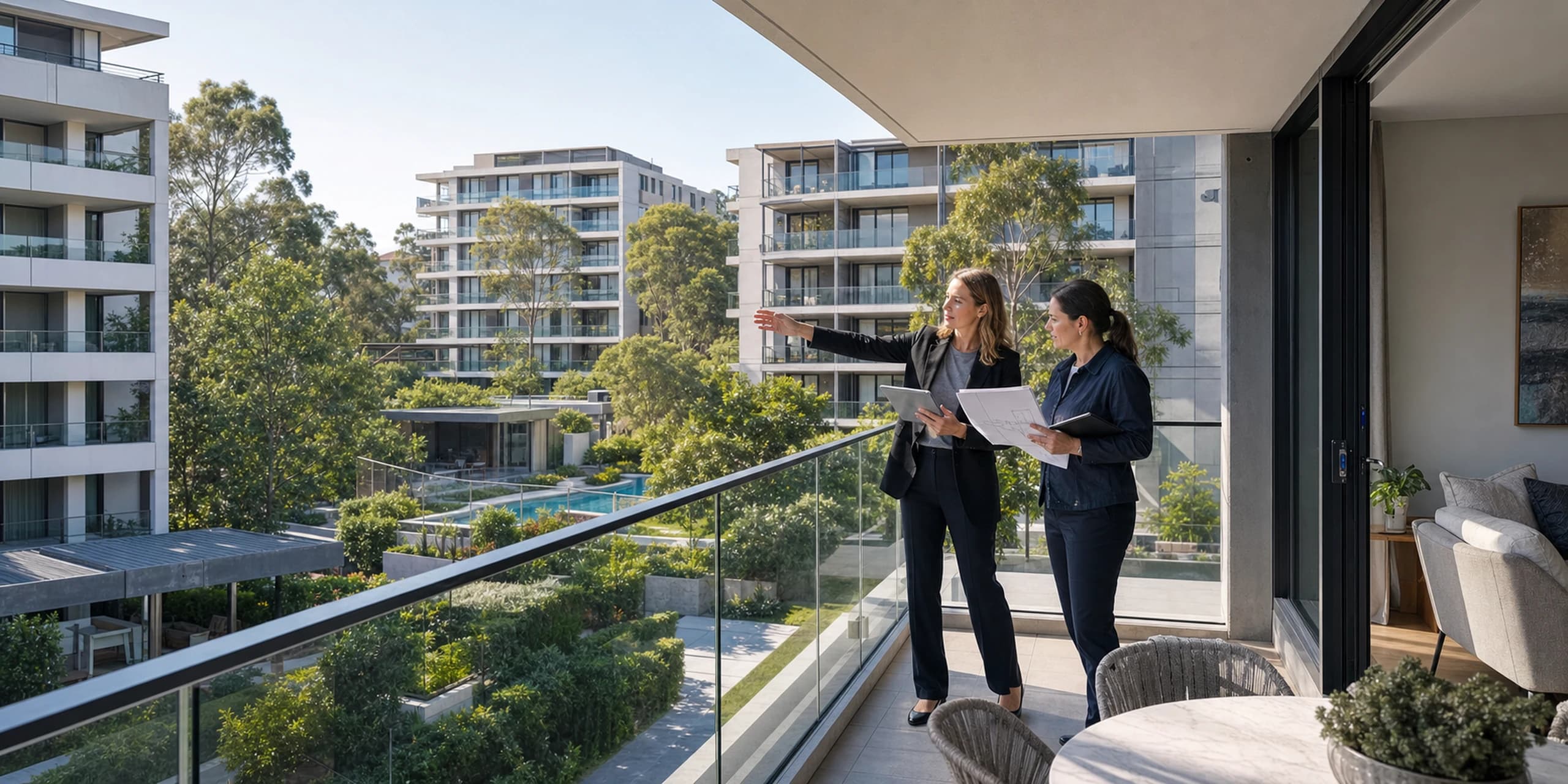 Valuer and strata manager assessing an apartment's outlook and building context