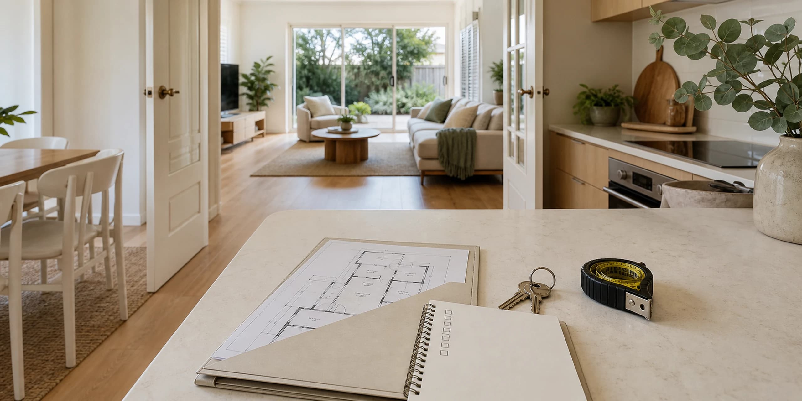Inspection-ready Australian home with valuation documents, keys and measuring tape