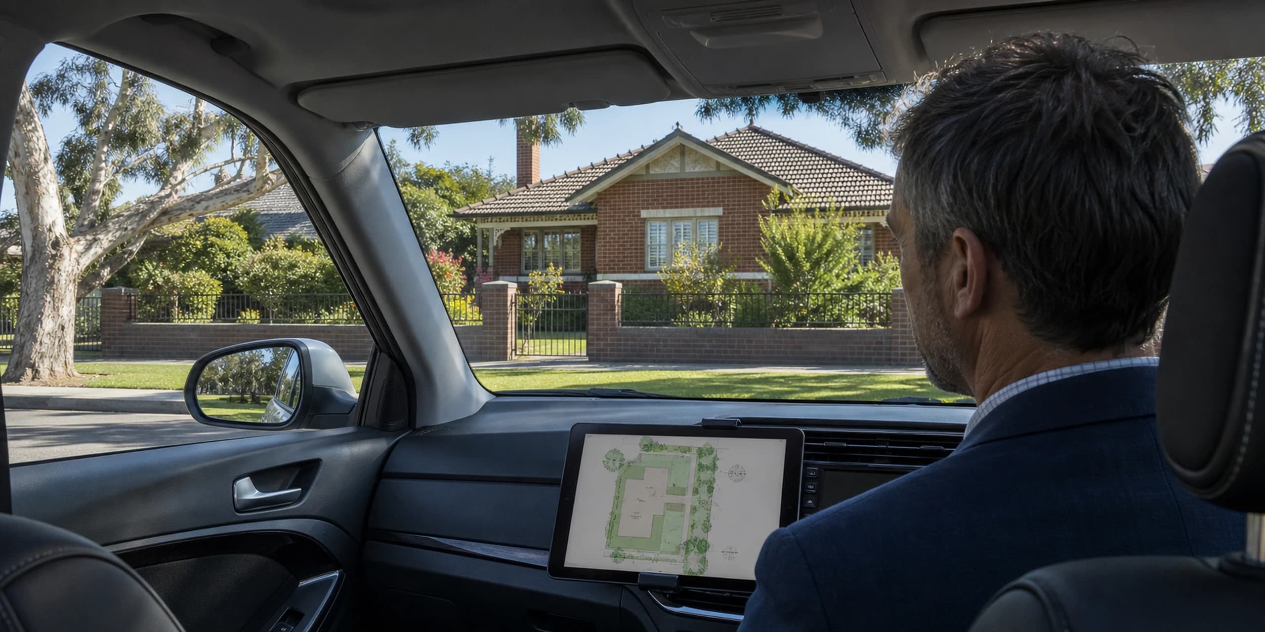 Property valuer conducting an external house assessment from a parked vehicle