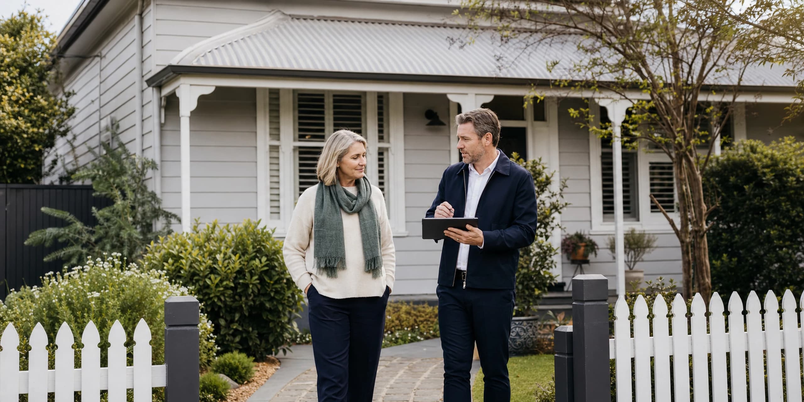 Homeowner walking her property boundary with an independent valuer before listing