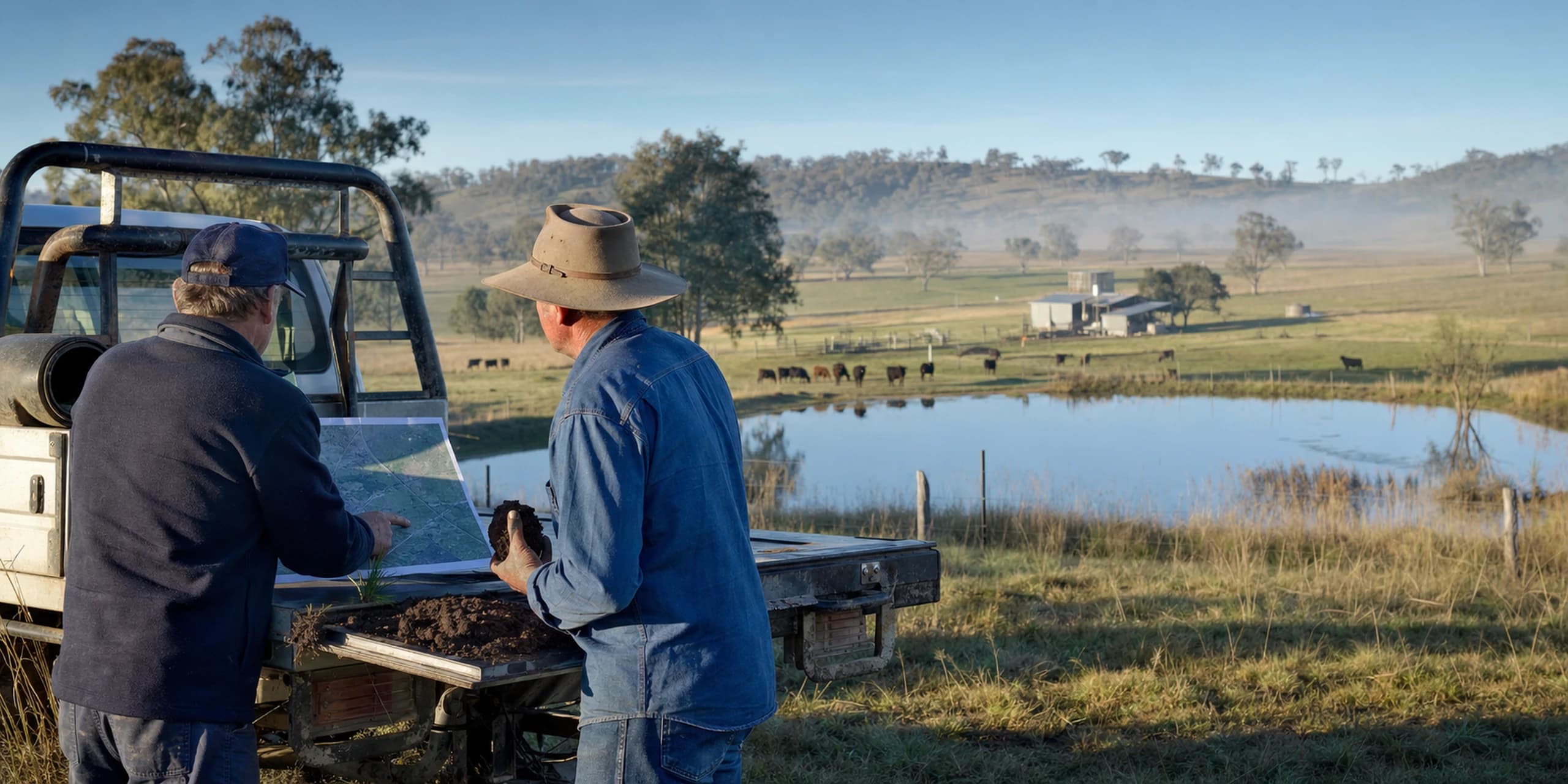Farmer and rural valuer reviewing land, soil, water and farm improvements