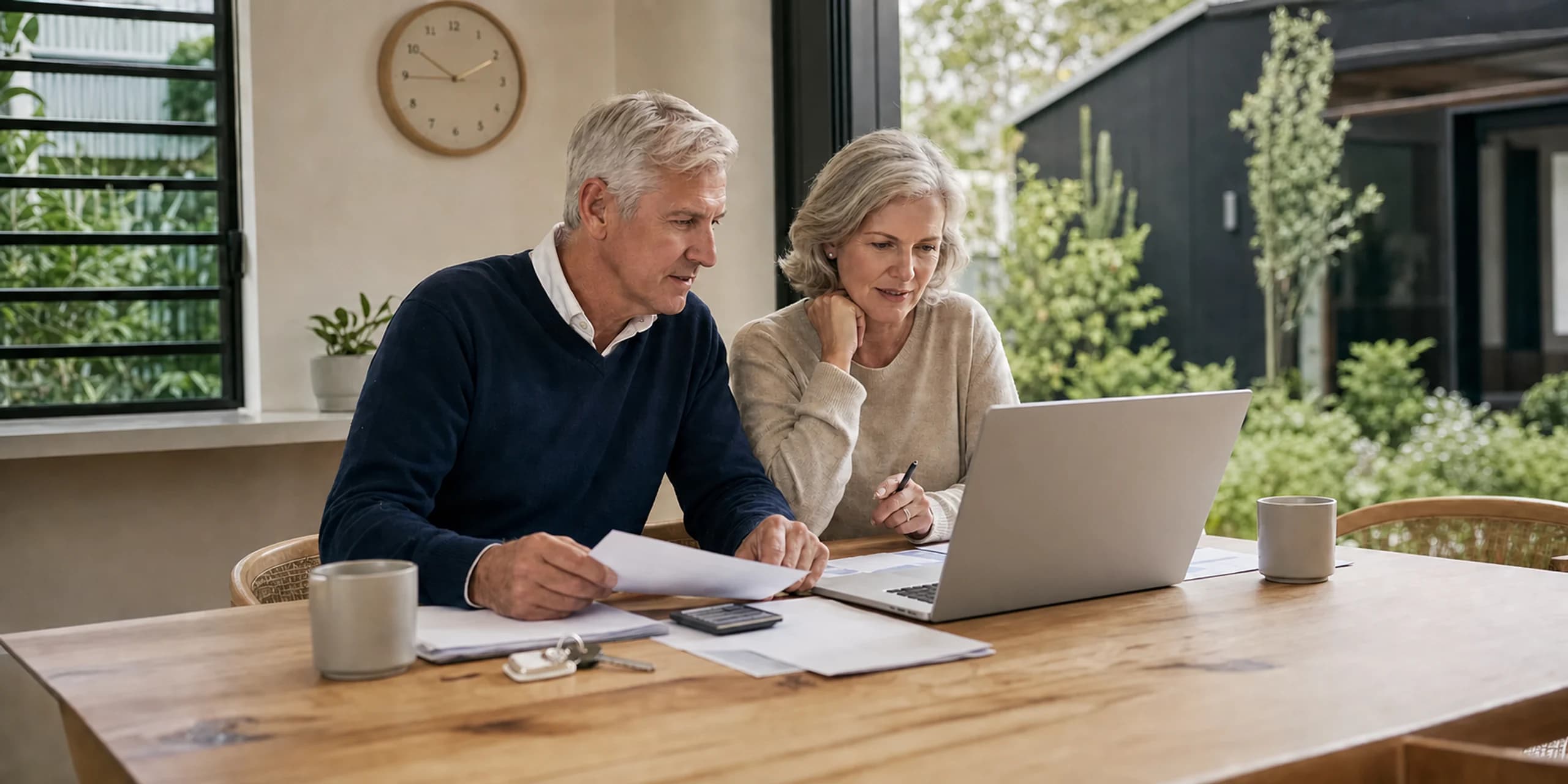 Mature SMSF trustees reviewing property valuation paperwork at home