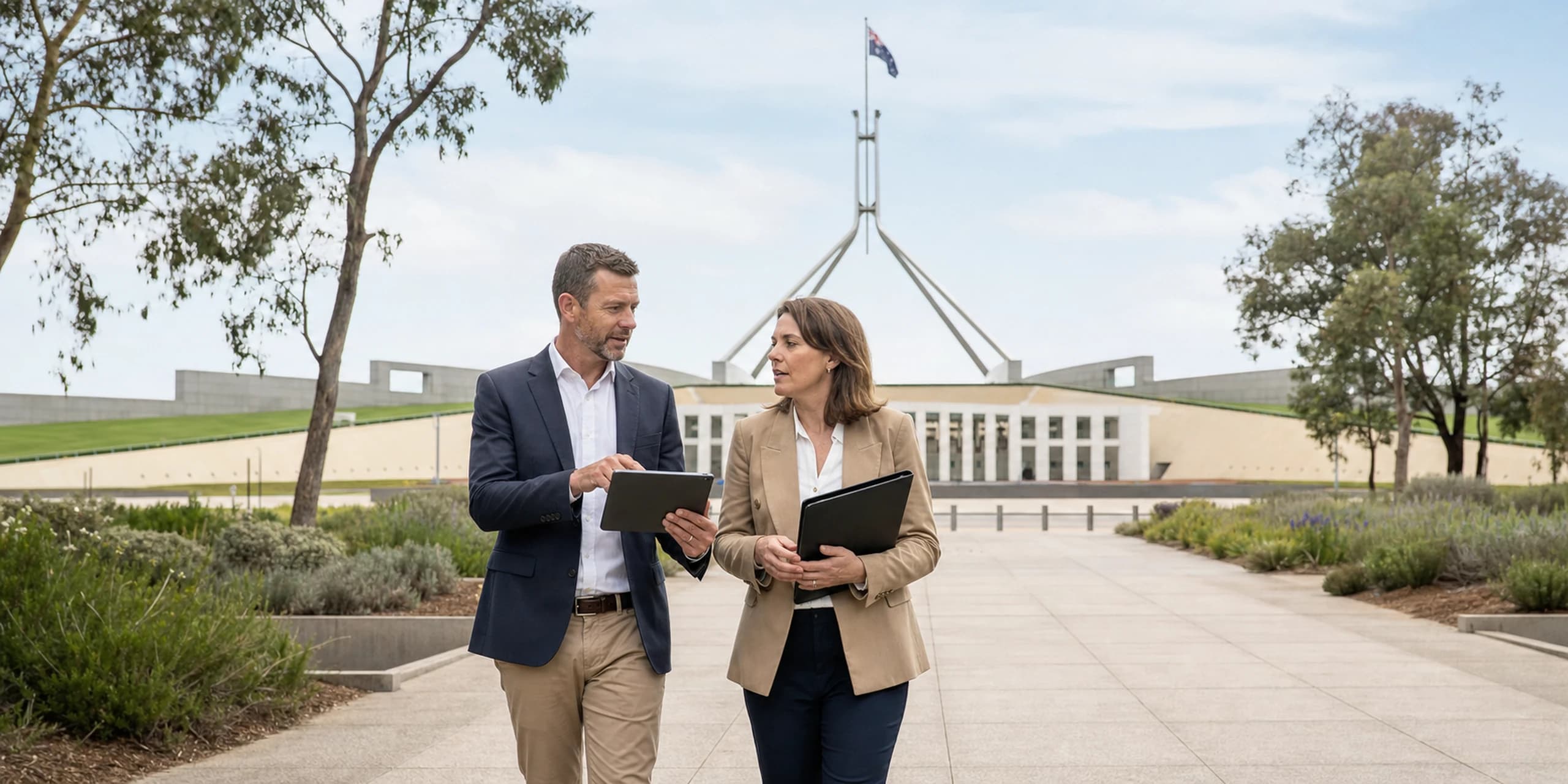 Tax adviser and property investor discussing policy outside Parliament House