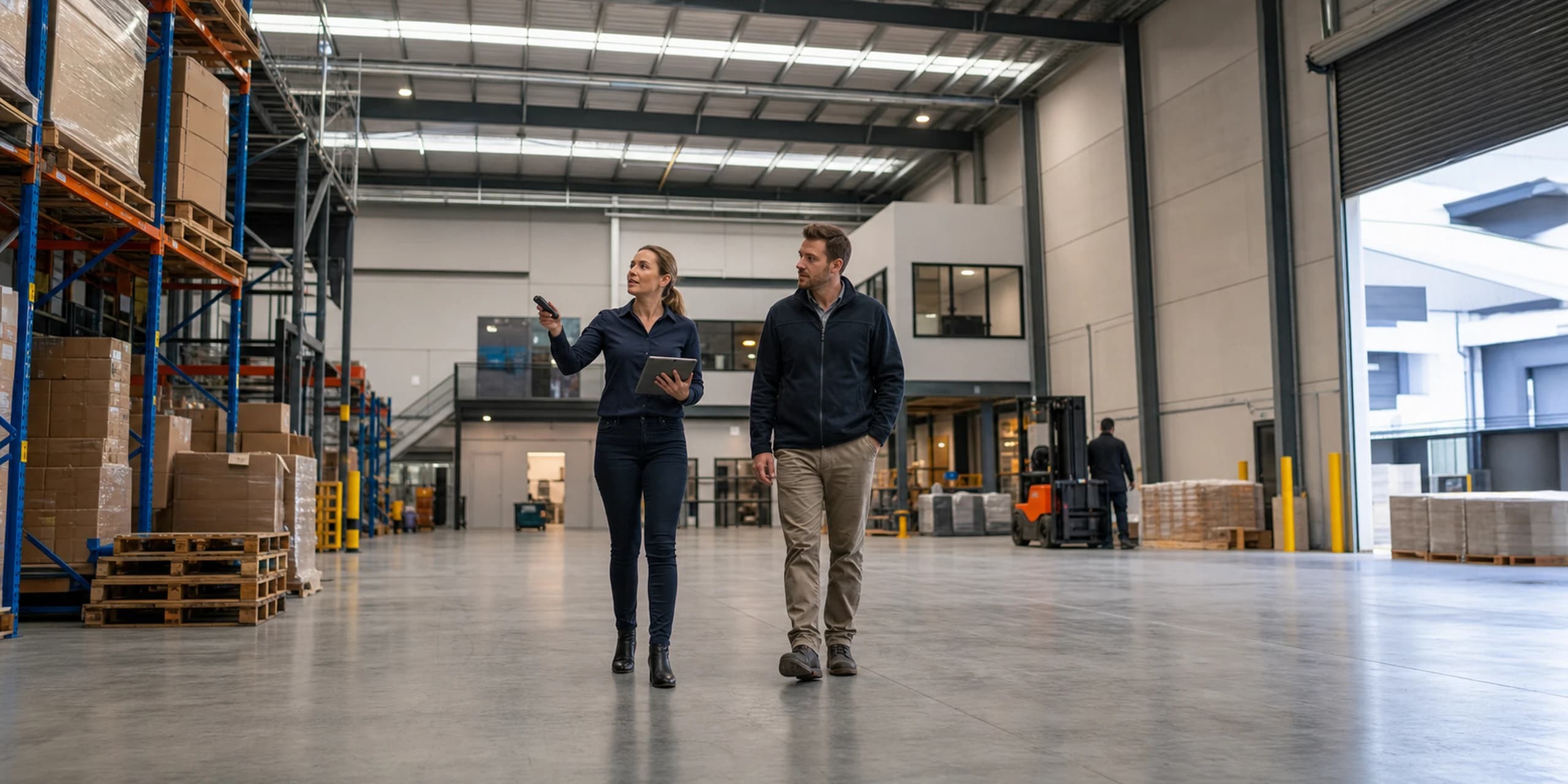 Commercial valuer inspecting an active light-industrial warehouse tenancy