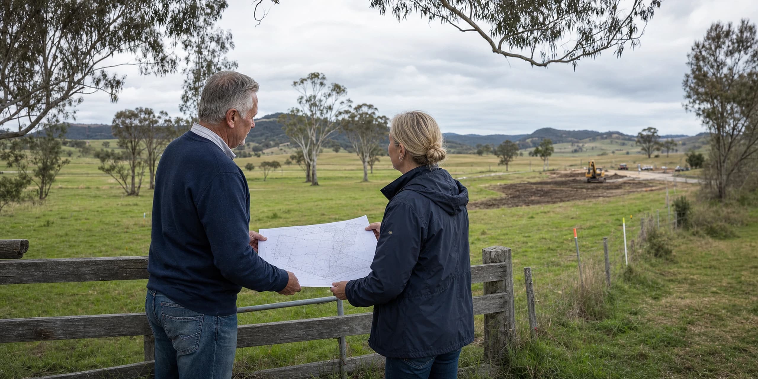 Landowner and independent valuer reviewing plans beside an affected rural property