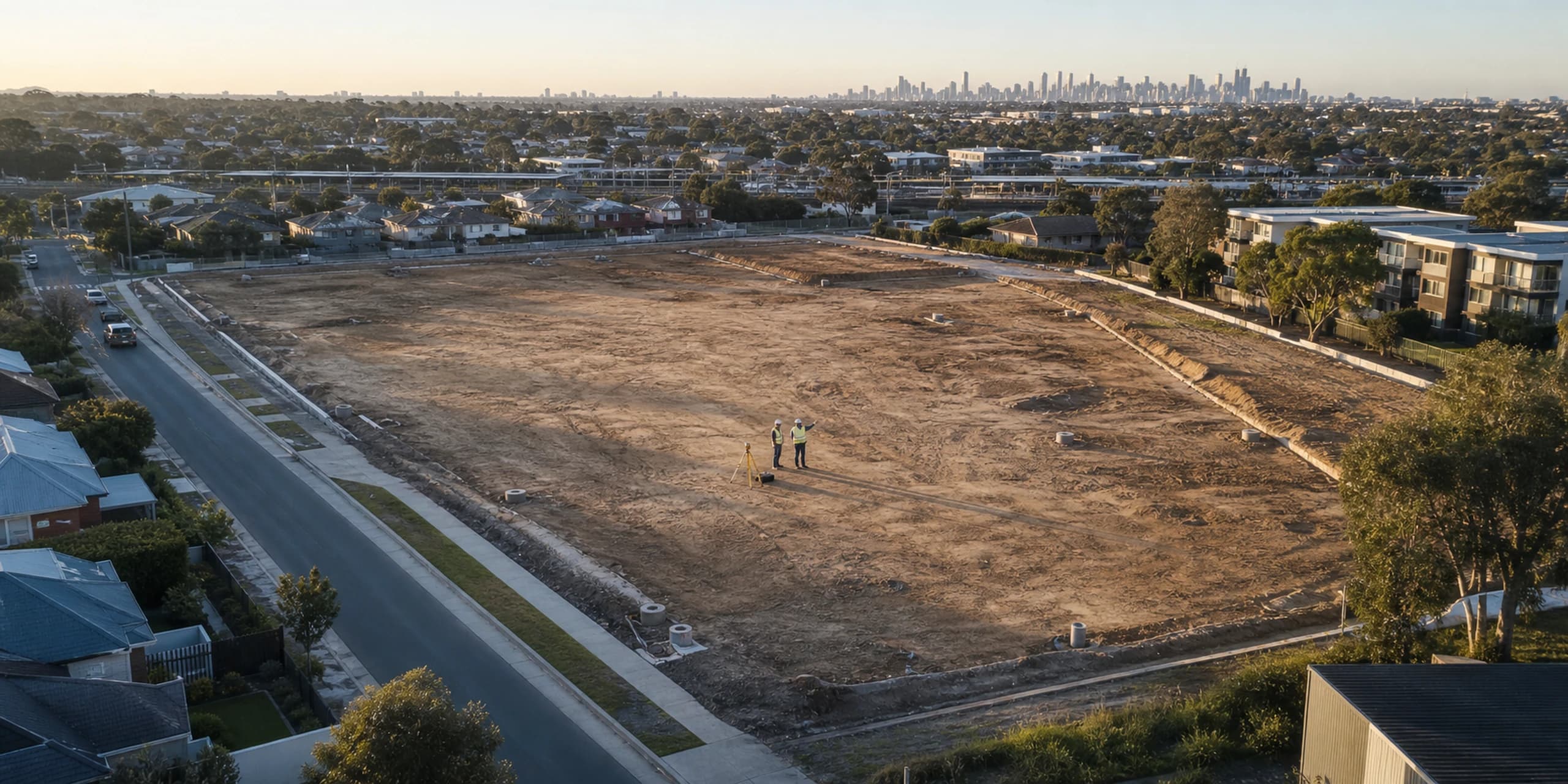 Aerial view of property professionals assessing a large urban development site
