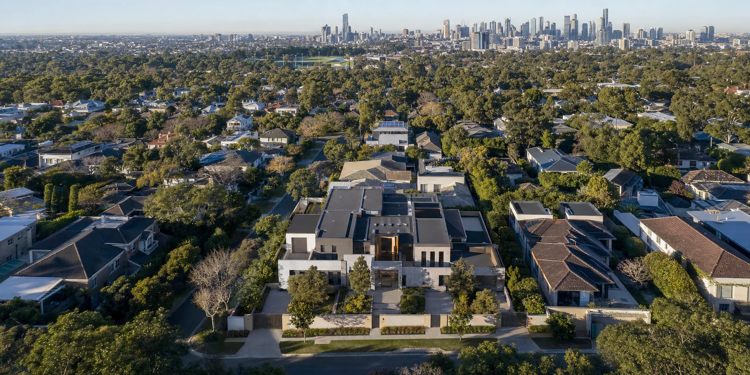 Aerial view of a high-value Australian home within a metropolitan suburb