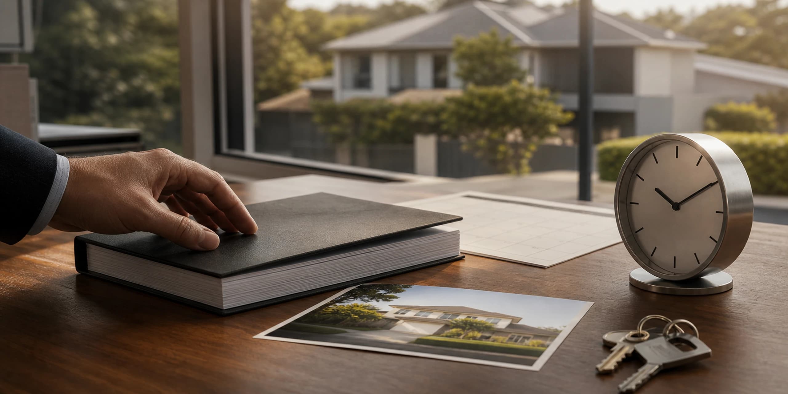 Property valuation report beside a clock, calendar, house photograph and keys