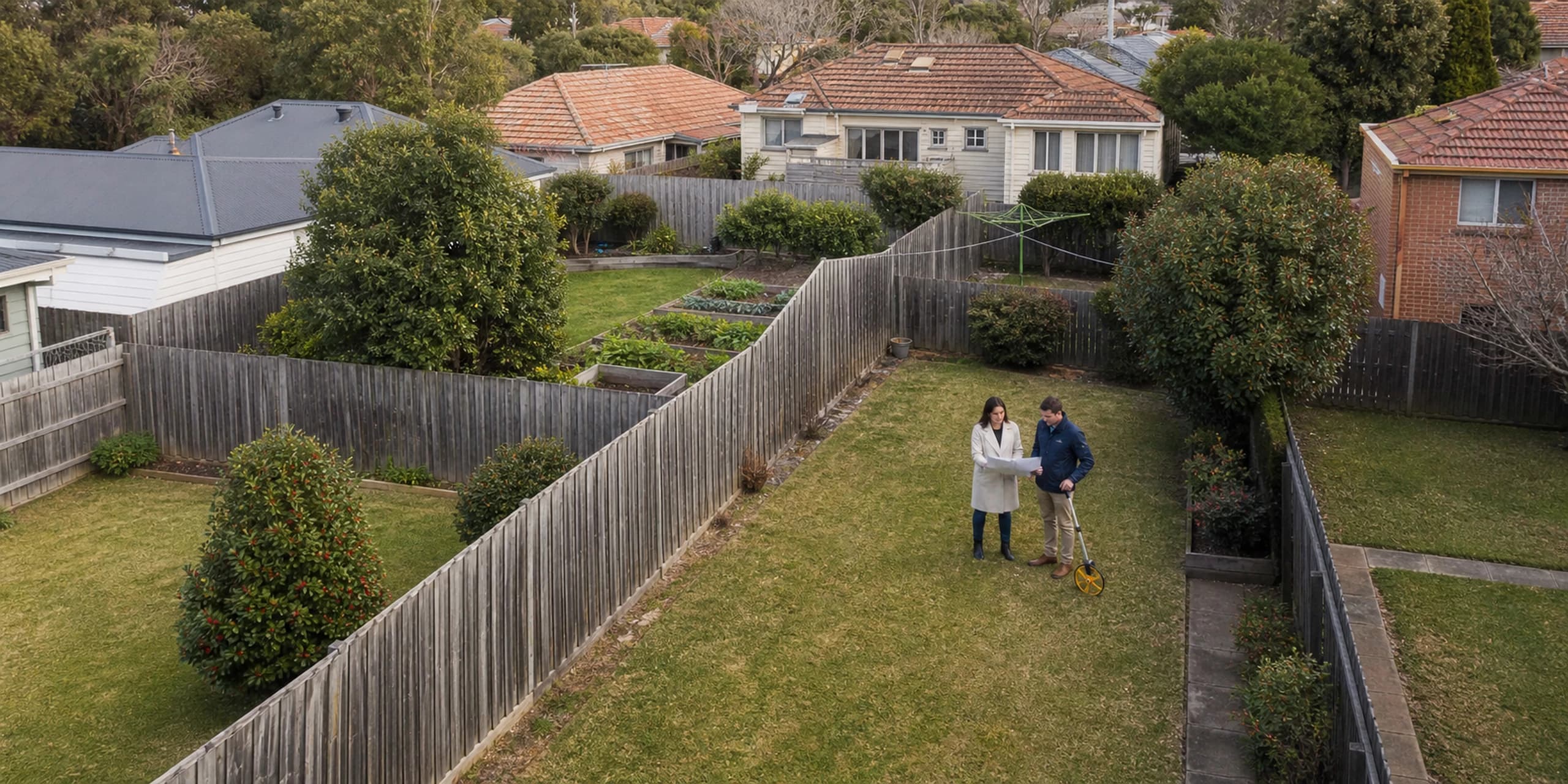 Property owner and land valuer examining suburban lot boundaries