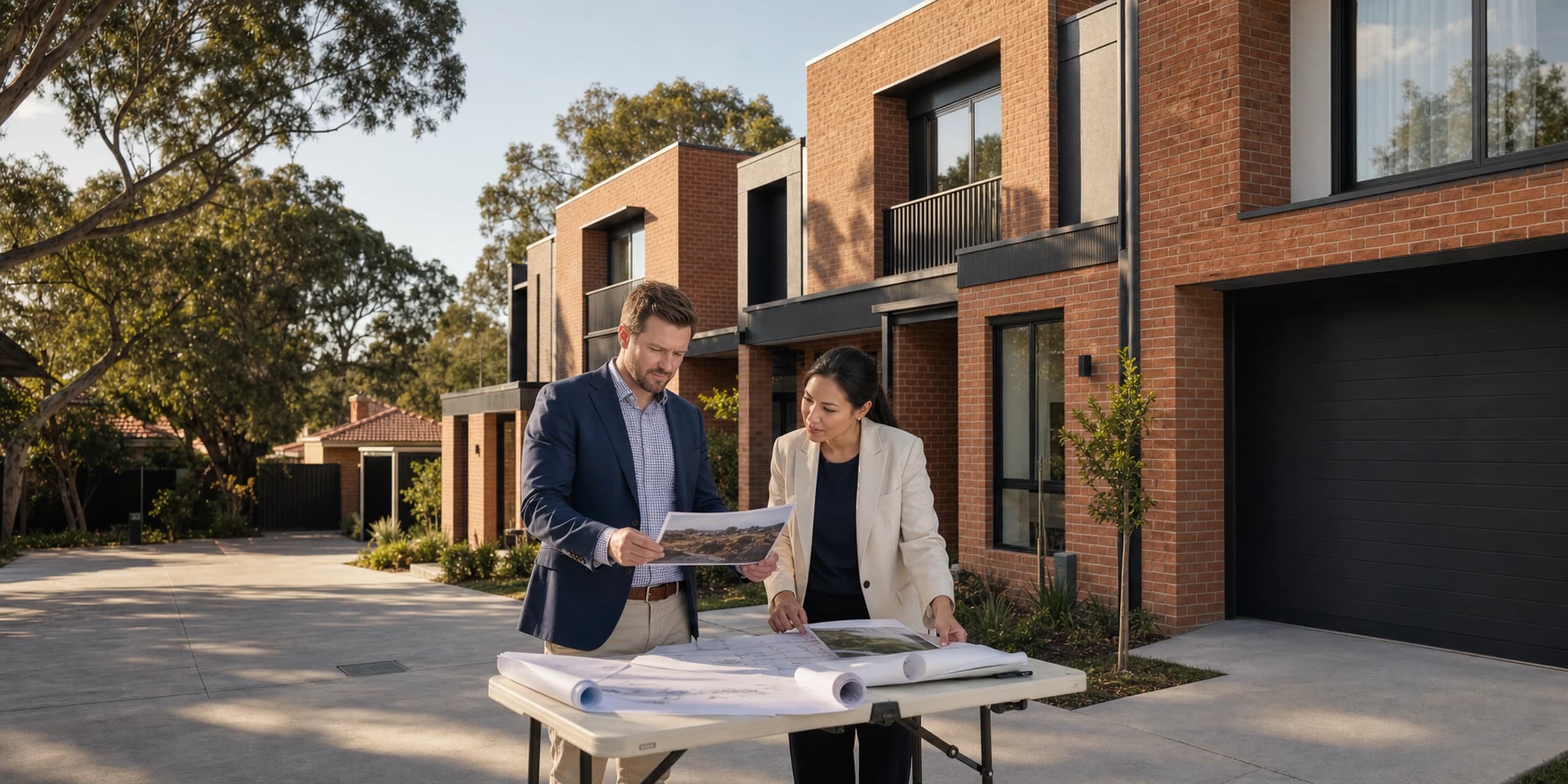 Developer and valuer comparing original site evidence at a completed townhouse project