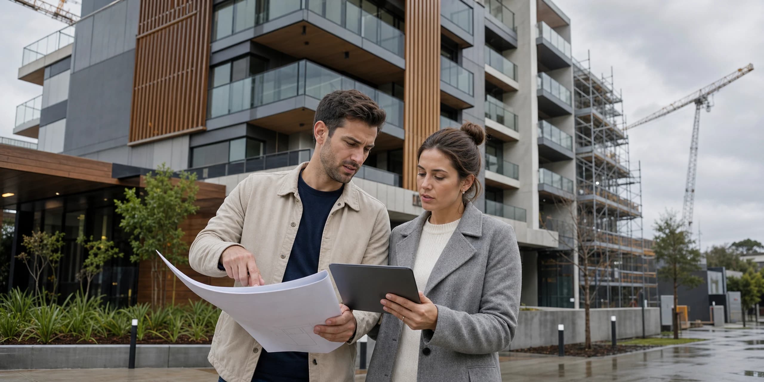 Apartment buyers reviewing plans and finance outside a nearly completed development