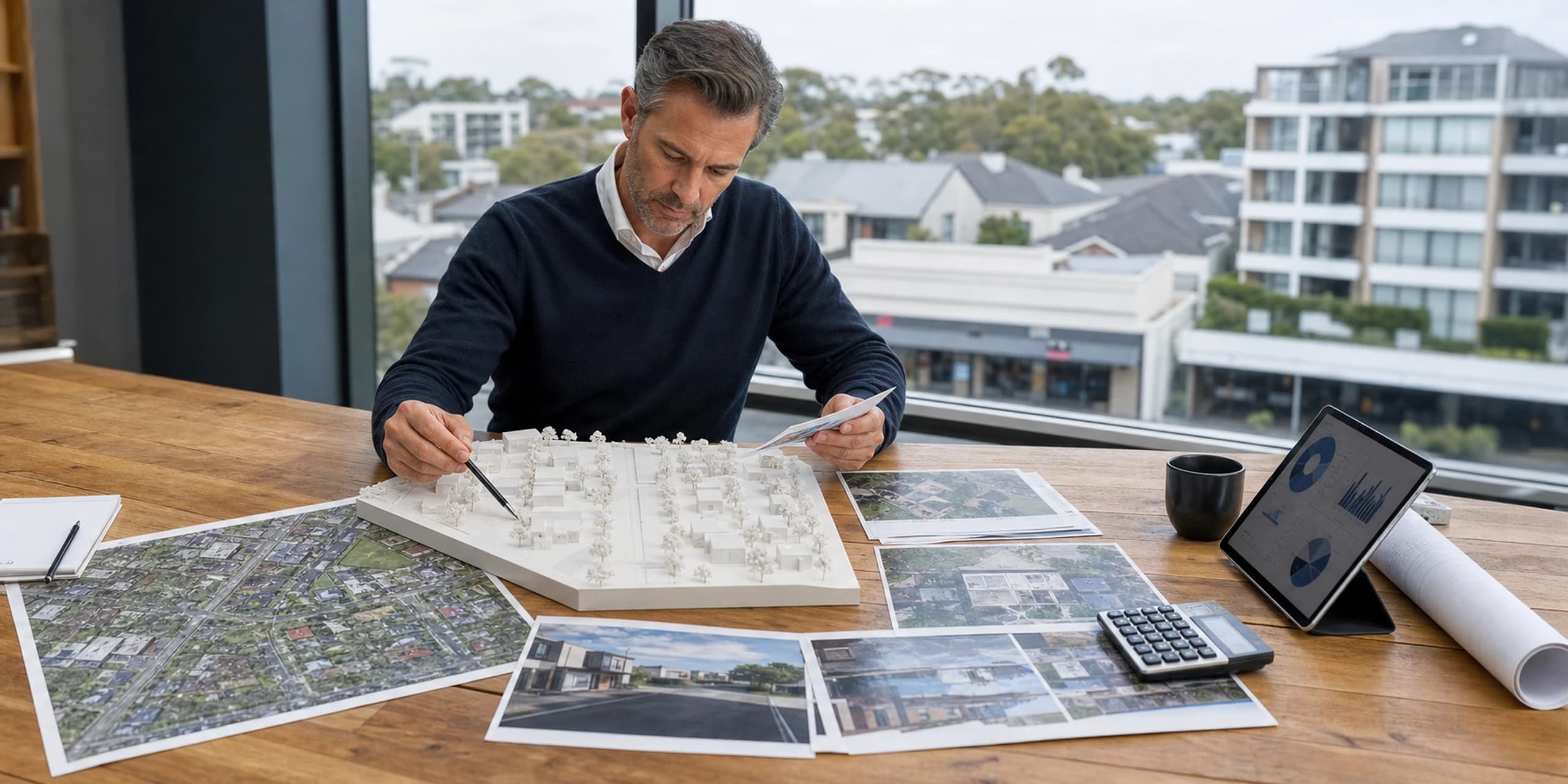 Property valuer comparing a site model, aerial plans and market evidence