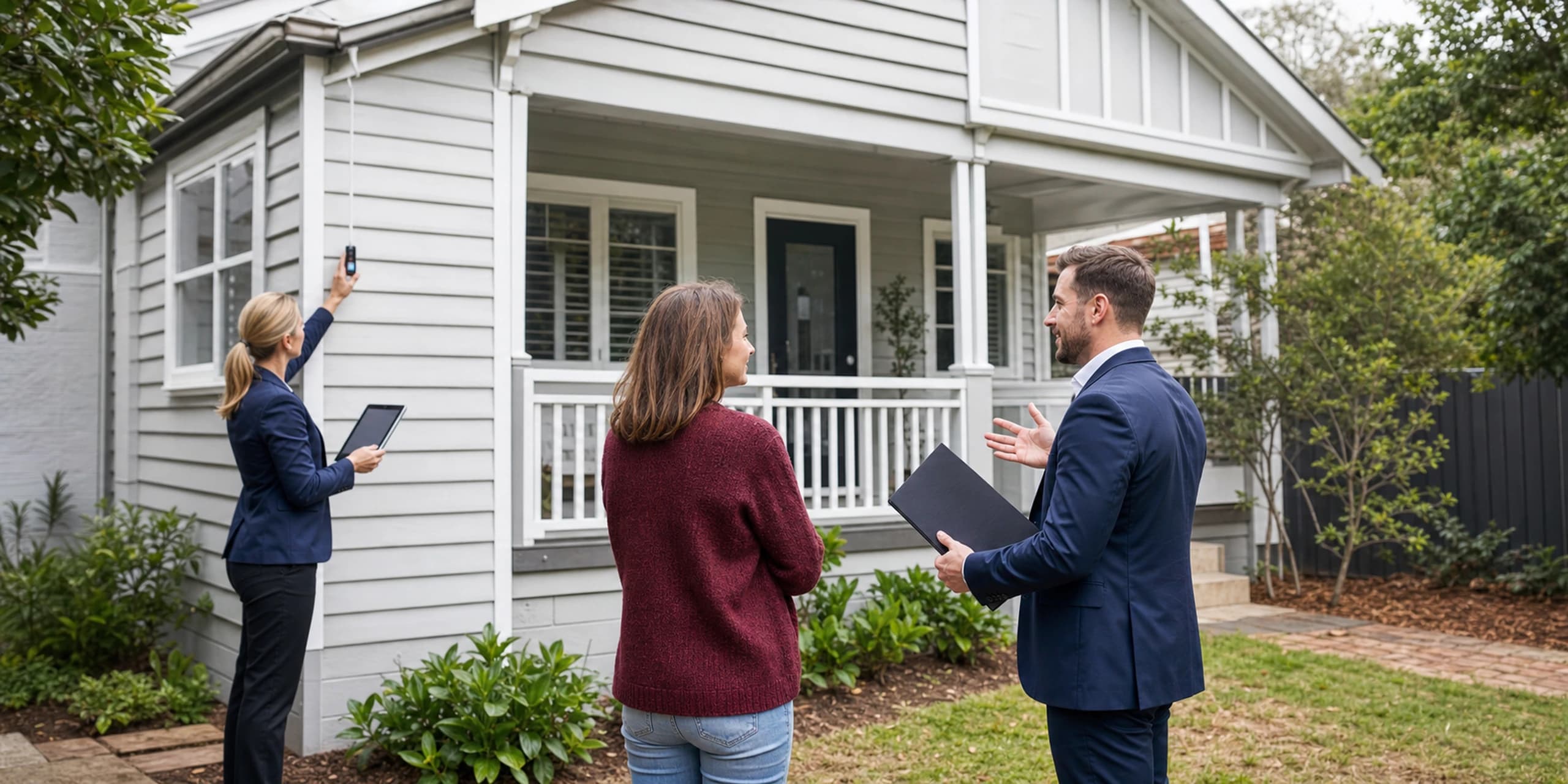 Homeowner speaking with an agent while an independent valuer measures the property