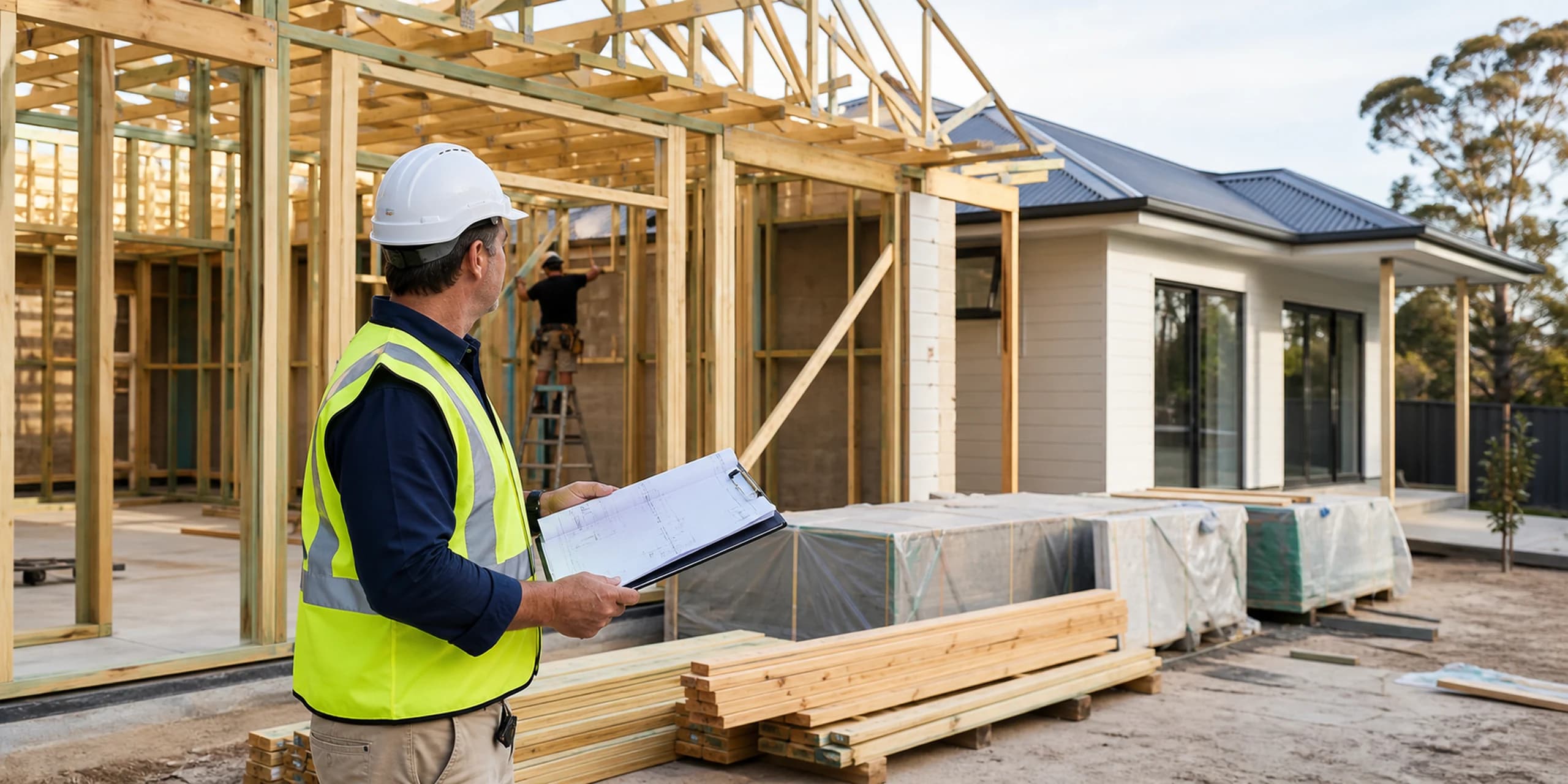 Construction cost assessor reviewing plans at an Australian home rebuild