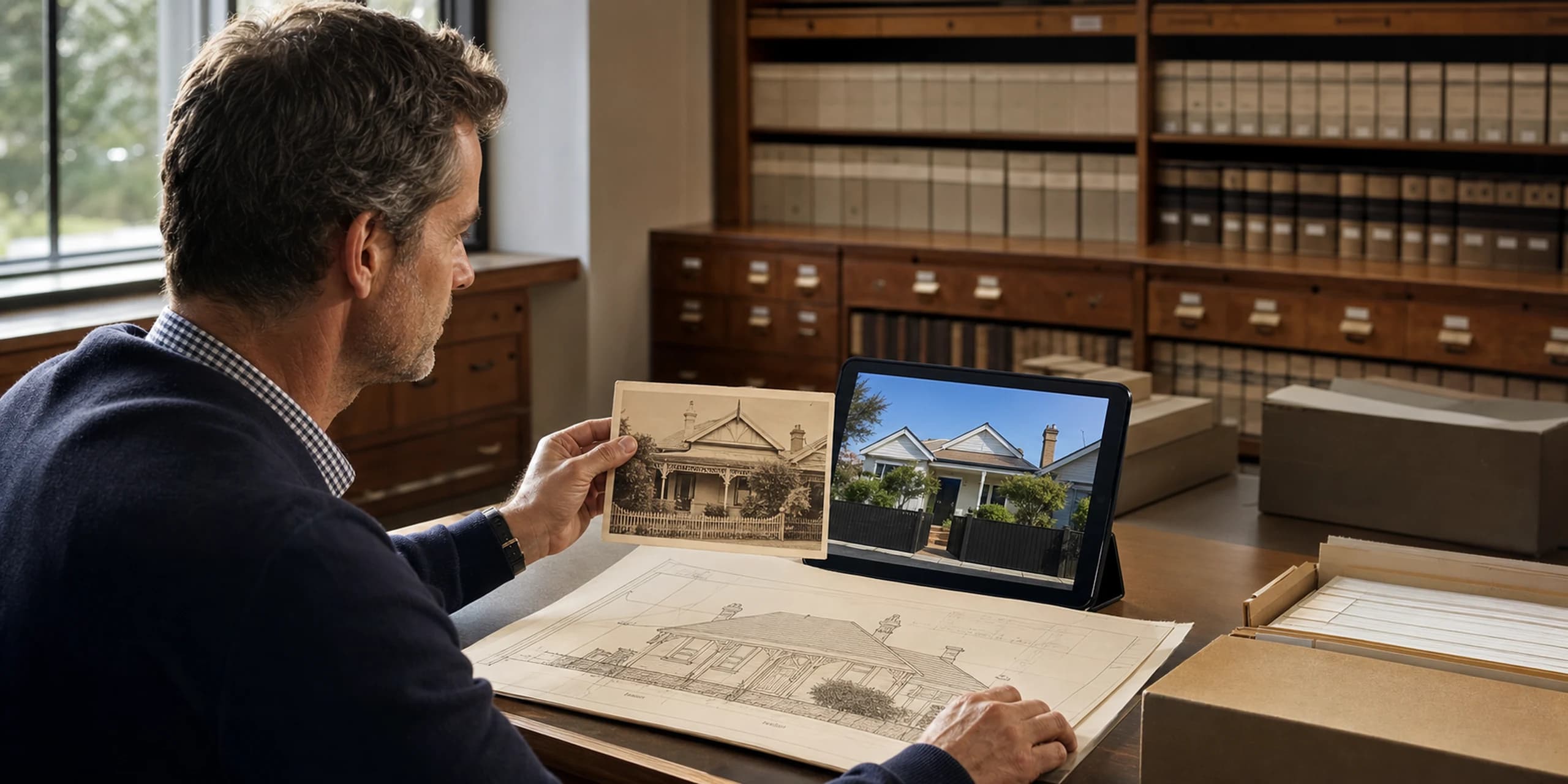 Valuer comparing historical and current photographs of the same property