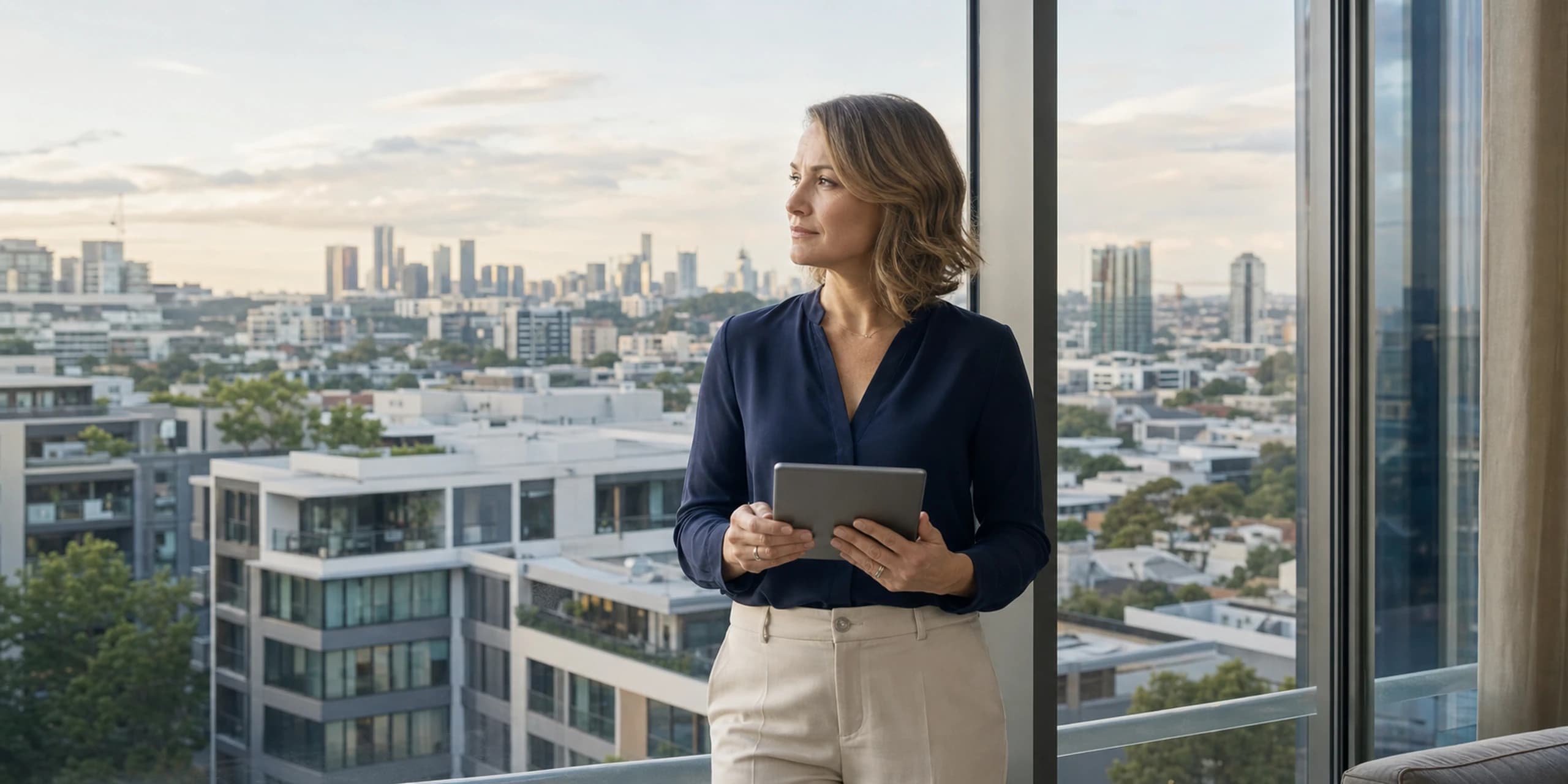 Property investor reviewing her portfolio against an Australian city skyline