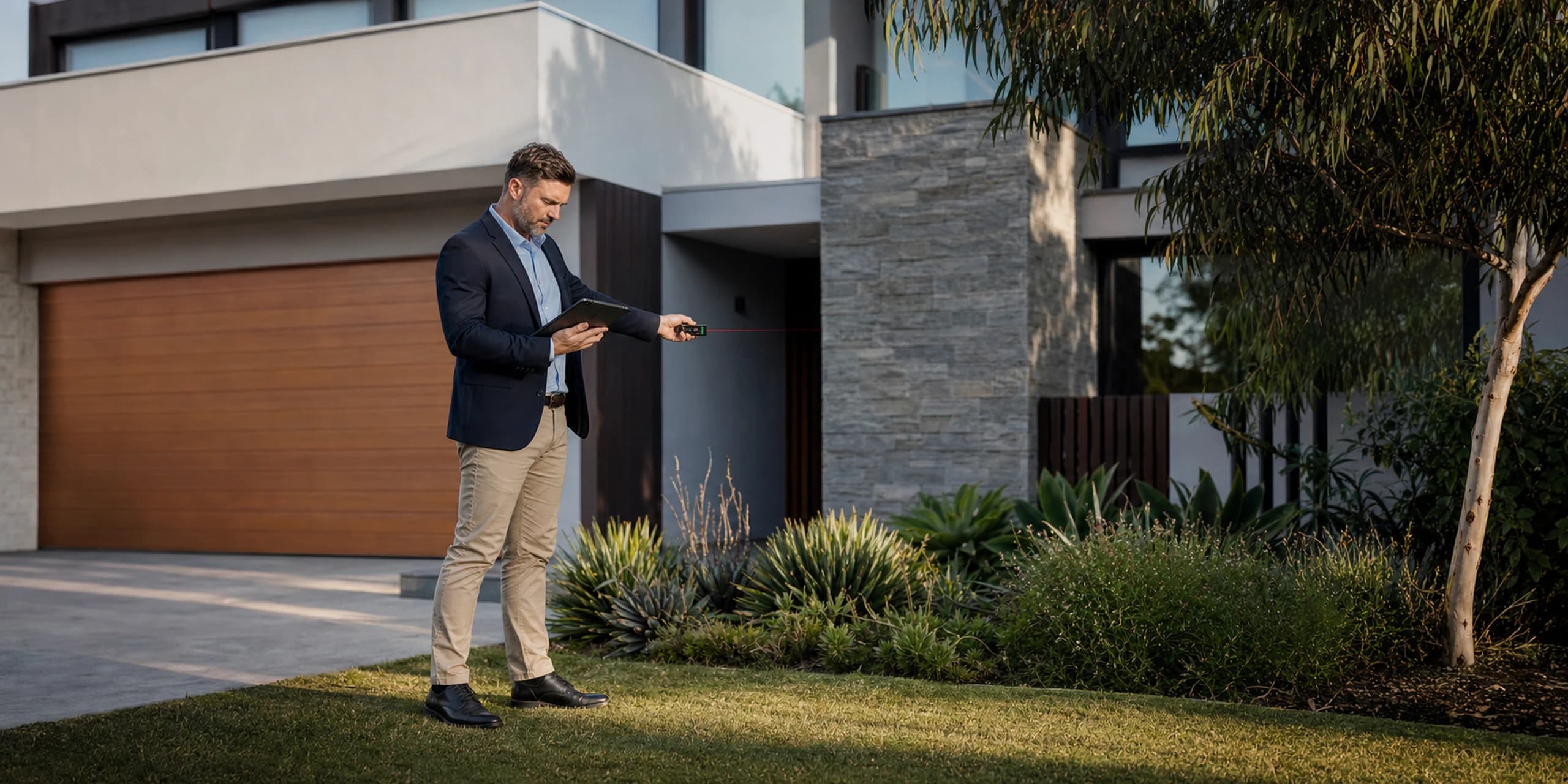 Property valuer measuring a contemporary Australian home during an inspection