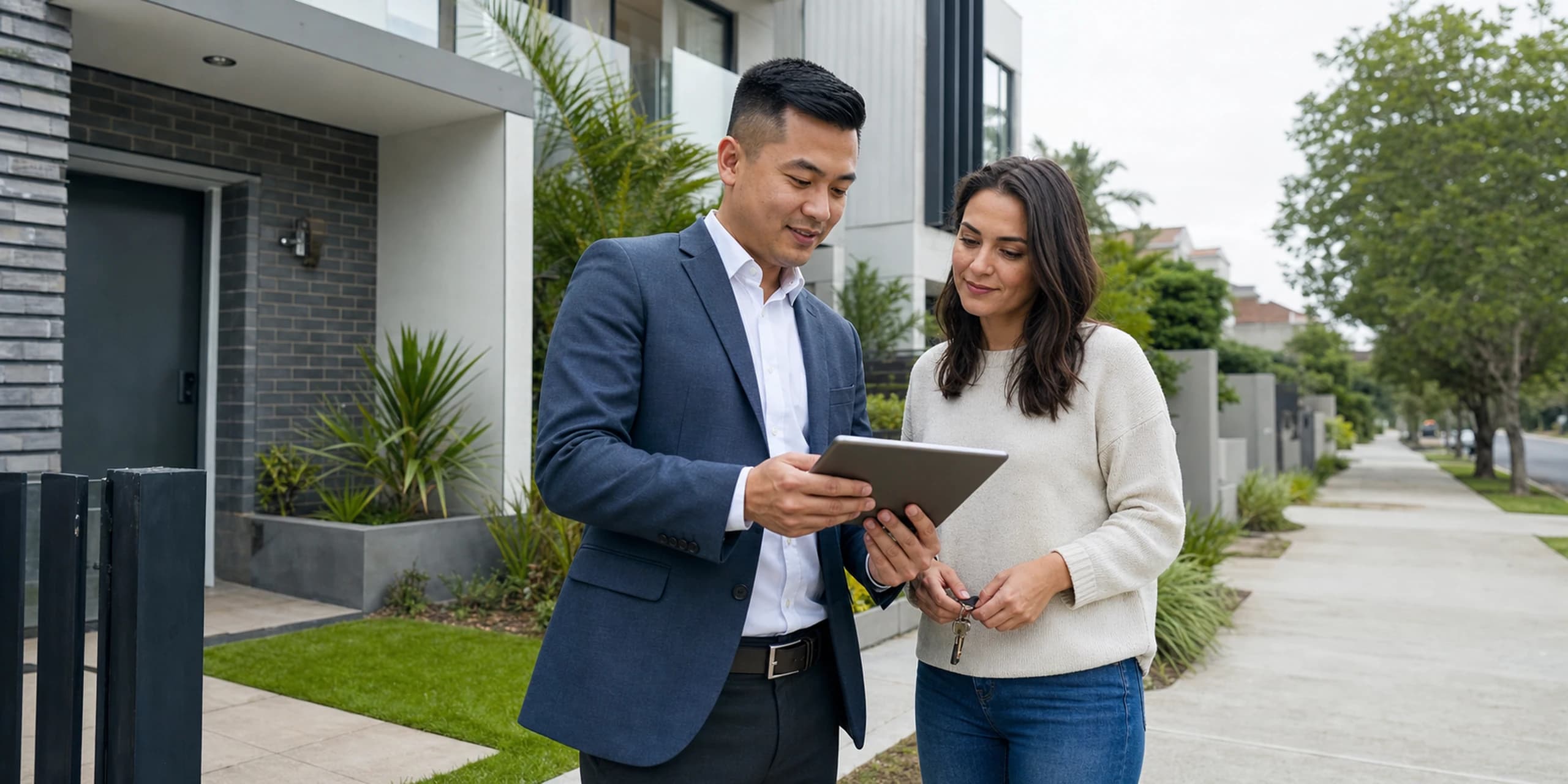 Property finance adviser and home buyer reviewing loan details outside a home